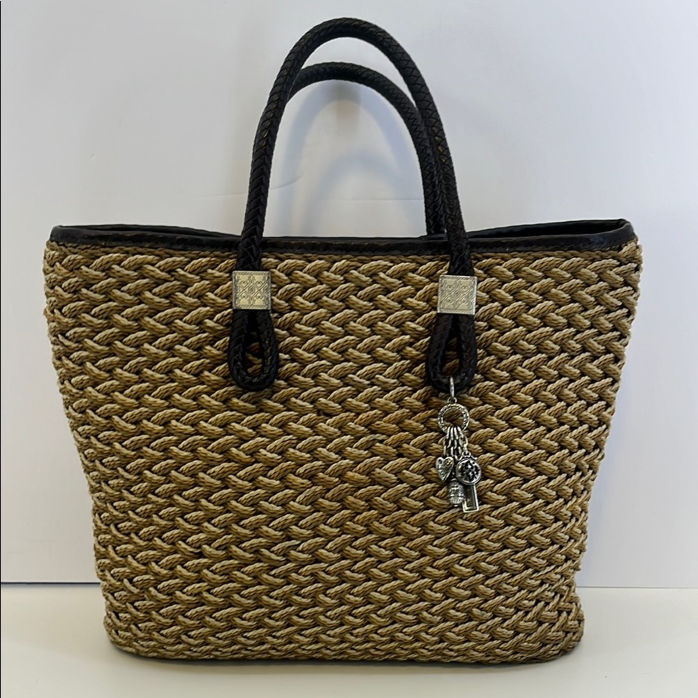 Brighton Vintage Rita Woven Jute & Brown Leather w/ Silver Trim Tote Bag Purse